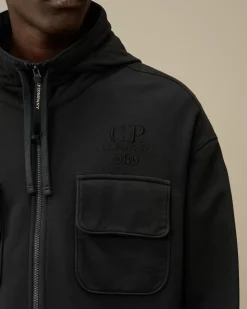 Sweatshirts<C.P. Company Brushed and Emerized Diagonal Fleece Hooded Utility Sweatshirt Black Sand