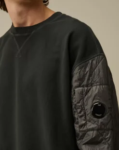 Sweatshirts<C.P. Company Diagonal Raised Fleece Mixed Quilted Crew Neck Sweatshirt Black Sand
