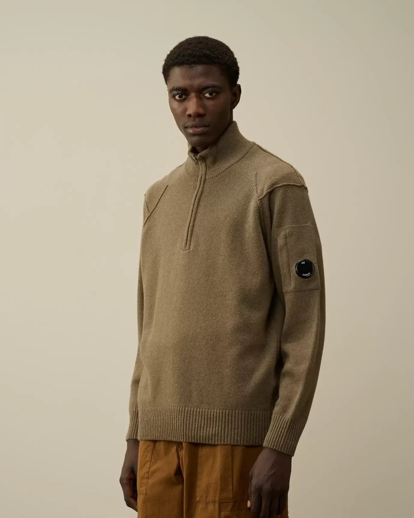 Jumpers<C.P. Company Lambswool GRS Half Zipped Knit Walnut – Beige