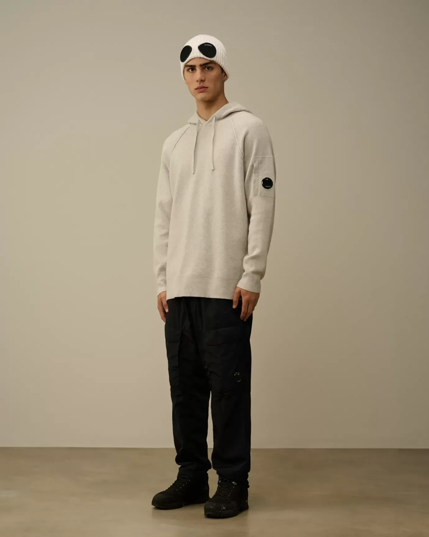 Jumpers<C.P. Company Lambswool GRS Hooded Waffle Knit Off White Melange