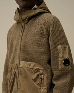 Jumpers<C.P. Company Lambswool Mixed Hooded Full Zip Knit Walnut – Beige