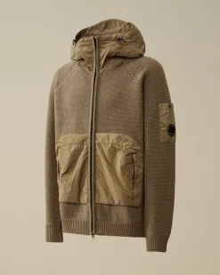 Jumpers<C.P. Company Lambswool Mixed Hooded Full Zip Knit Walnut – Beige