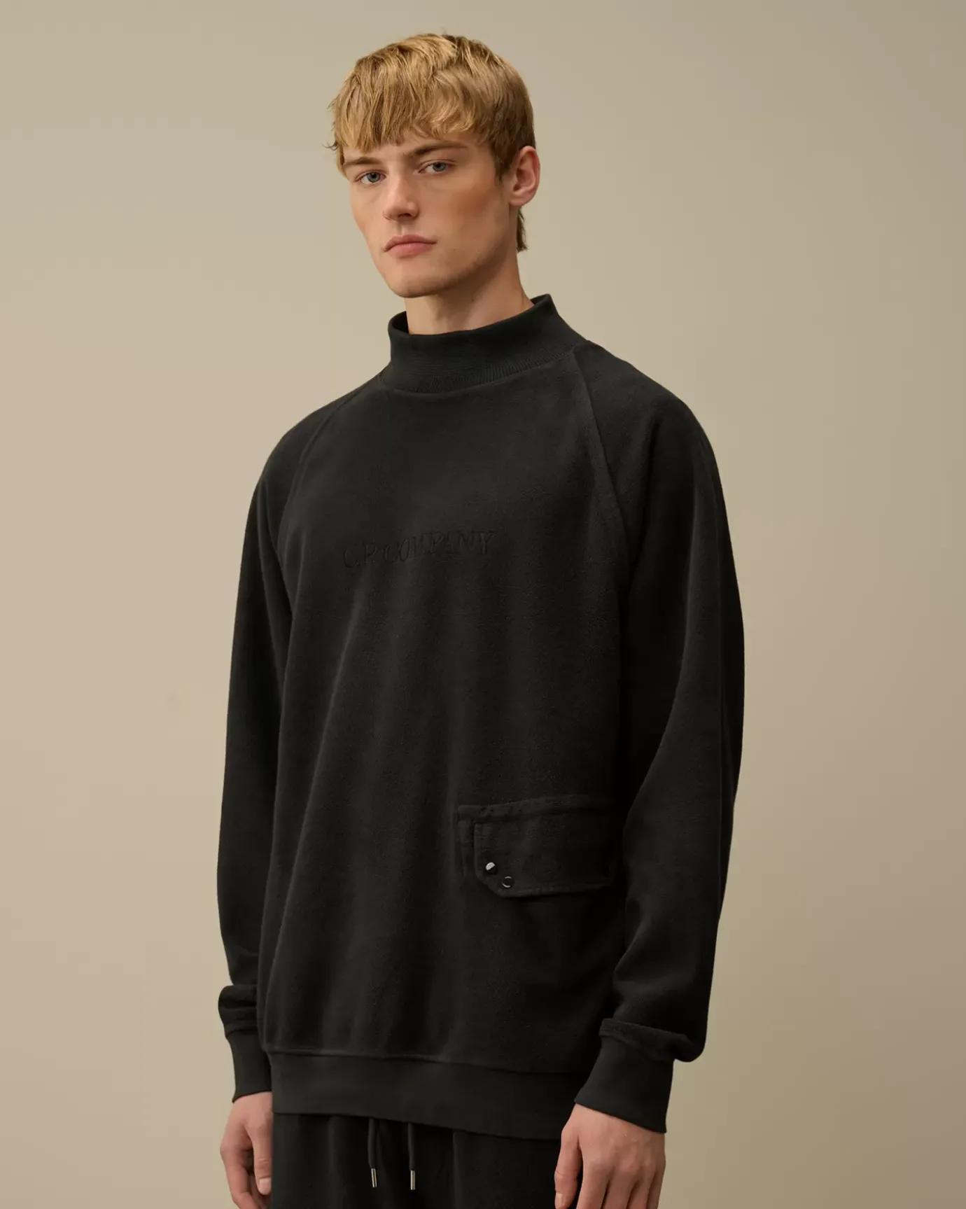 Sweatshirts<C.P. Company Reverse Brushed & Emerized Diagonal Fleece Funnel Neck Sweatshirt Black Sand