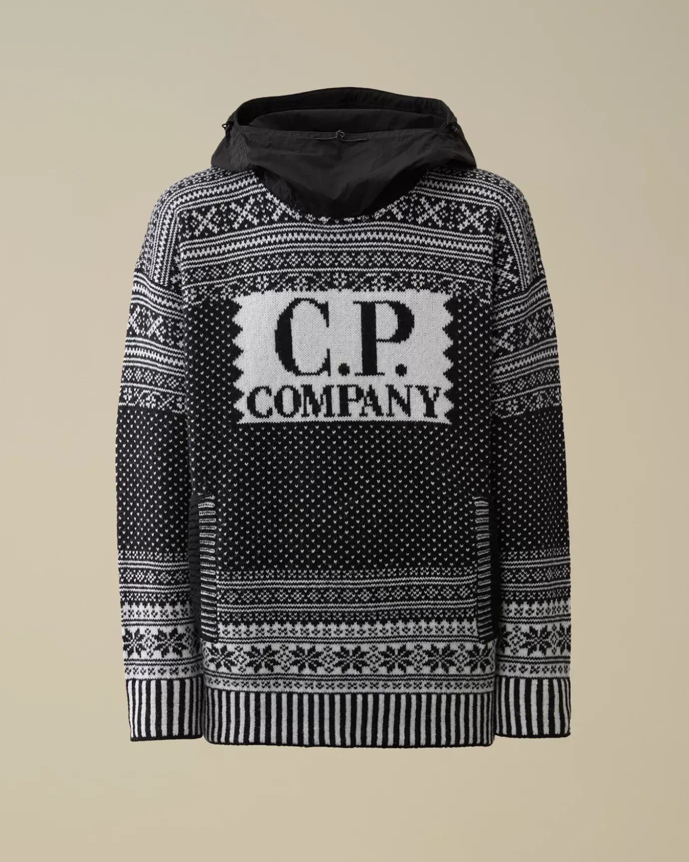 Jumpers<C.P. Company Wool Jacquard Mixed Hooded Logo Knit Var.02 – Black
