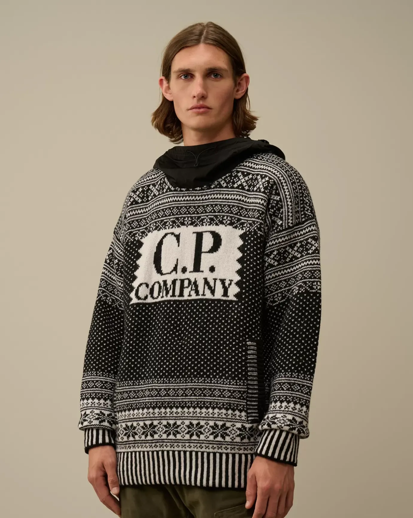 Jumpers<C.P. Company Wool Jacquard Mixed Hooded Logo Knit Var.02 – Black