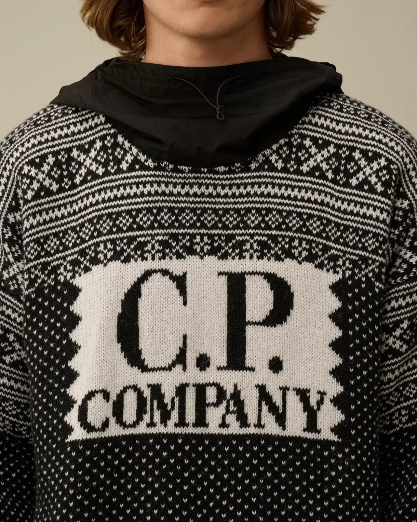 Jumpers<C.P. Company Wool Jacquard Mixed Hooded Logo Knit Var.02 – Black