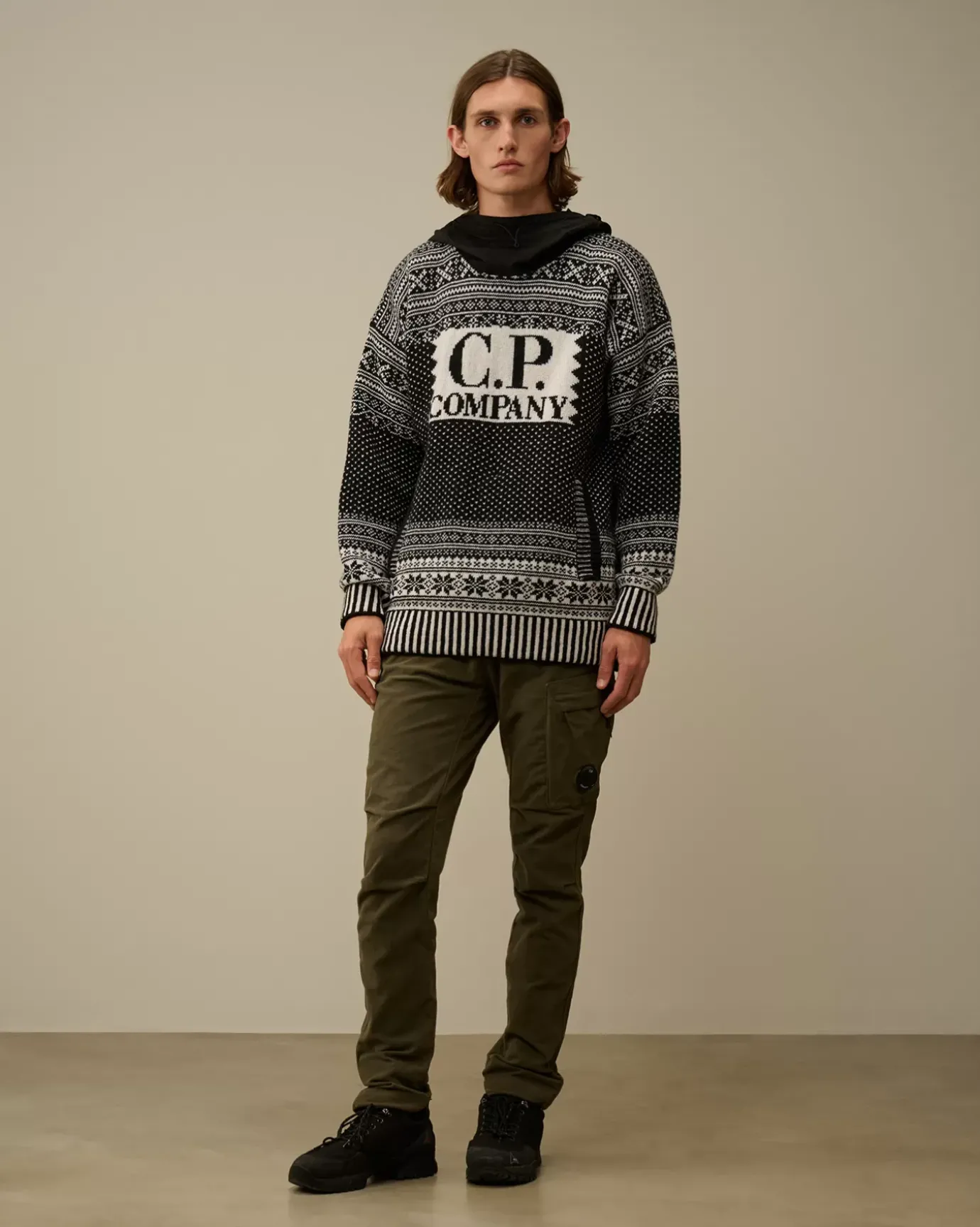 Jumpers<C.P. Company Wool Jacquard Mixed Hooded Logo Knit Var.02 – Black